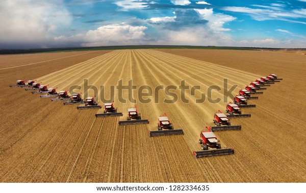 \
22 Harvesters working in soybean harvest in the\
state of Mato Grosso,\
Brazil