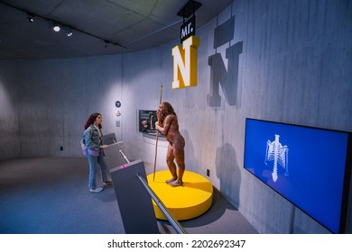 22 July 2022, Dusseldorf, Germany: Visitor Student Girl Take A Tour And Excursion In Neanderthal Museum. Teaching Science And Anthropology