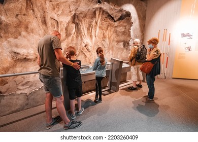 22 July 2022, Neanderthal Museum, Dusseldorf, Germany:  Parents With Children Take A Tour Of The Neanderthal Museum. Teaching Science And Anthropology