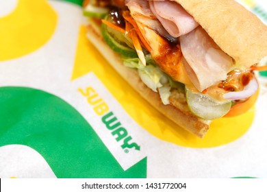 22 June 2019; Bangkok Thailand: Top view Subway Melt Ham Sandwich at Subway Sandwich Restaurant. Subway is an American fast food restaurant franchise that sells sandwiches and salads.