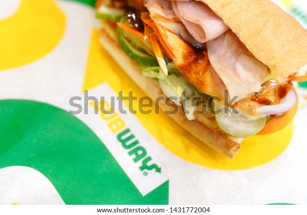 22\
June 2019; Bangkok Thailand: Top view Subway Melt Ham Sandwich at\
Subway Sandwich Restaurant. Subway is an American fast food\
restaurant franchise that sells sandwiches and\
salads.