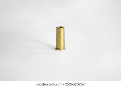 .22 LR caliber empty casing. Used brass bullet case on white empty backgroung. Close up side view
