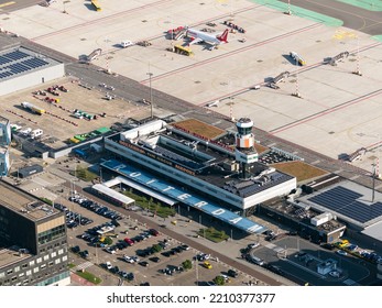 22-9-22, Rotterdam, Holland. Aerial View Of The Arrival And Departure Hall At Rotterdam The Hague Airport After The Renovation. The Blue Logo With Big White Letters Is Written On The Roof.