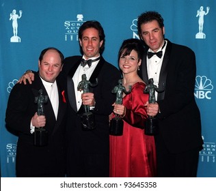 22FEB97: Seinfeld stars JASON ALEXANDER (left), JERRY SEINFELD, JULIA LOUIS DREYFUS & MICHAEL RICHARDS with their Screen Actors Guild Awards  for Comedy TV Series Ensemble.     Pix: PAUL SMITH