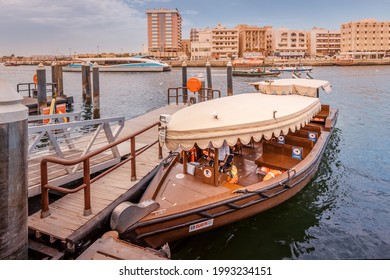 23 February 2021, Dubai, UAE: Abra ferry boat moored at the pier at public transport station of RTA at Dubai Creek