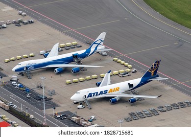                 
23 July 2020, Hoofddorp, Holland. Aerial view of 2 Boeing 747 freight at cargo loading dock at Schiphol Amsterdam International Airport. It is an ABC Air Bridge Cargo and an Atlas Air