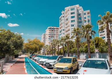 23 June 2022, Antalya, Turkey: Lara District Of Antalya City, Bicycle Lane And Parked Cars And Residential Houses. Environment And Neighborhood