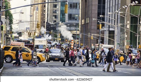 23 May 2015 - New York, USA.  Scene Of Crowded Avenue In New York City. People And Cars In A Congested Environment Causing Air Pollution To American City.