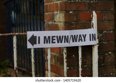 23 May 2019, Swansea, Wales. European Elections To The European Parliament . Polling Station Way In Message On A Gate In English And Welsh. European Parliamentary Election