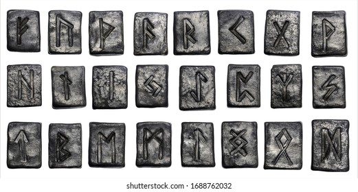 24 Black Pottery Norse Runes Isolated On White Background