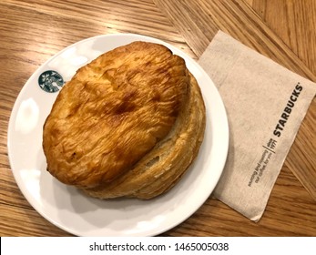 24 July 2019; Bangkok Thailand: Top View Of Starbucks Baked Chicken Puff At Starbucks Cafe Coffee Shop