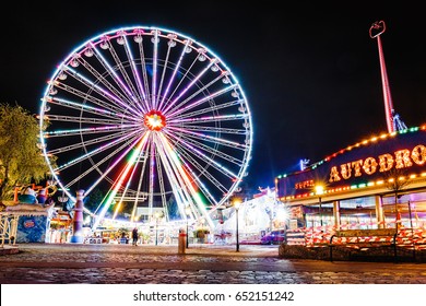 24 MARCH 2017, PRATER PARK, VIENNA, AUSTRIA: Lighting Ferris Wheel At Night In Famous Prater Theme Amusement Park, Vienna