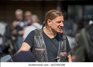 24-04-2019 Riga, Latvia. Biker Portrait Of Biker Man In Black Leather Jacket.