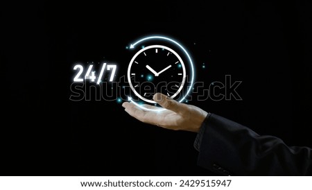 247 clock nonstop service concept. Nonstop business internet technical support work. Man hand show virtual 24-7 clock, worldwide web full-time available contact of service. Always customer service