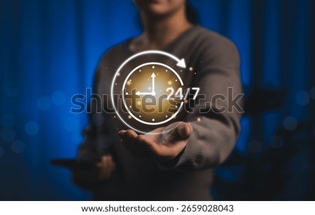 24-7 Customer Support and Availability Service Concept. Woman holding glowing 24 7 clock icon, round clock customer service, continuous business operations, always on support, nonstop assistance,