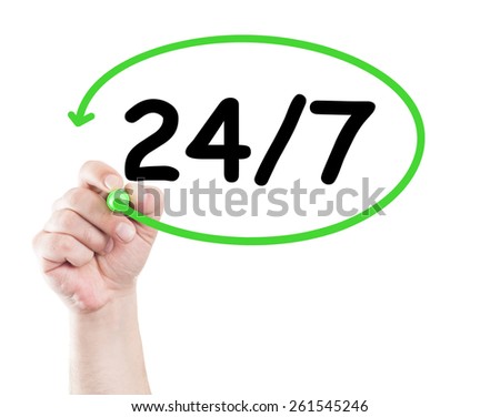 247 or nonstop concept written by hand using a marker on transparent wipe board with white background and copy space