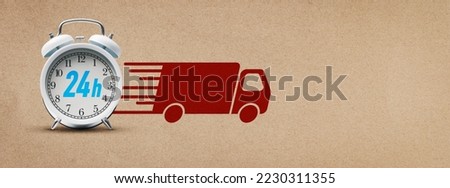 24h express delivery service banner: alarm clock and truck icon, blank copy space