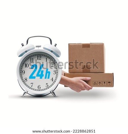 24h express delivery service: delivery person holding parcels and alarm clock, isolated on white background