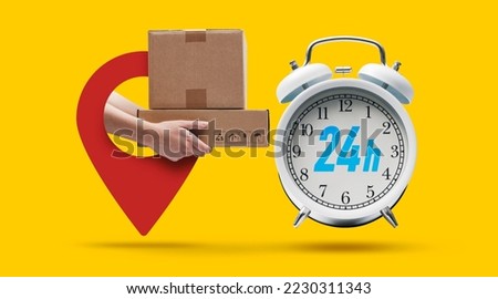 24h fast delivery and tracking service: delivery person holding parcels in a GPS pin and alarm clock