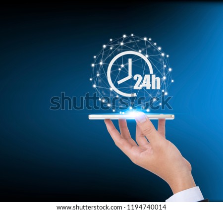 24h Open hours vector icon cover by social network connection, Non stop working shop or service symbol, All day working time sign.