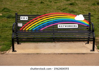 24th April 2021 Norwich. A Rainbow Colored Park Bench Dedicated To The NHS And Keyworkers During The Pandemic Covid 19 From The Community Of Costessey Norwich Norfolk England
