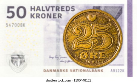 25 Danish Oere Coin Against 50 Danish Krone Note