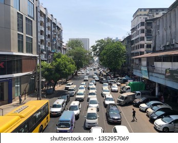 25 March 2019, Anawrahta Road, Yangon Myanmar. A Lot Of Car On The Road With A Traffic Jam.