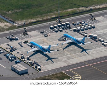 25 March 2020, Amsterdam, Holland. Aerial View Of Boeing 737 MAX At Schiphol International Airport. The TUI Airliners Are Grounded Because Of 2 Crashes With This Type Of Aircraft.