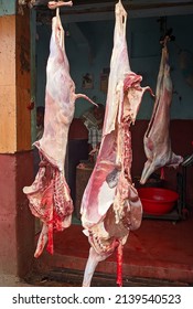 25 March 2022.Chittagong,Bangladesh.Arrange The Meat In Rows At The Mutton Shop.  Dark Background.  Fresh And Red Meat.