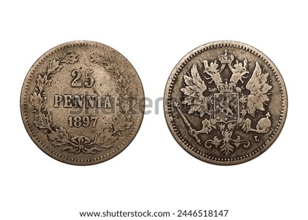25 Pennia 1897 with crown on white background. Coin of  Finland. Obverse Crowned imperial double eagle holding scepter and orb. Reverse Denomination above date within wreath
