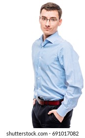 25 Year Old Entrepreneur In Blue Shirt On White Background