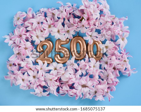 2500 followers card. Template for social networks, blogs. Background with pink flower petals. Social media celebration banner. 2.5k online community fans. 2,5 thousand subscriber