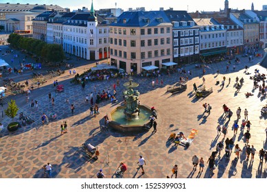 25.08.2019. Copenhagen, Denmark. Aerial View On Nytorv (New Square) Is A Public Square In Historical Centre Of Copenhagen With People And Facade Of Old Buildings.