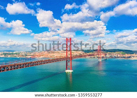 The 25th April Bridge (Ponte 25 de Abril) between Lisbon and Almada, Portugal. One of the longest suspension bridges in Europe