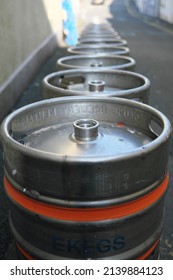 25th March 2022- The Filling Bung On The Top Of A Stainless Steel Beer Keg Awaiting Collection On A Street In Carmarthen, Carmarthenshire, Wales, UK.