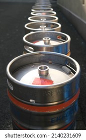 25th March 2022- Raised Lettering Pressed Into The Rim Of A Stainless Steel Beer Keg To Be Collected From A Street In Carmarthen, Carmarthenshire, Wales, UK.