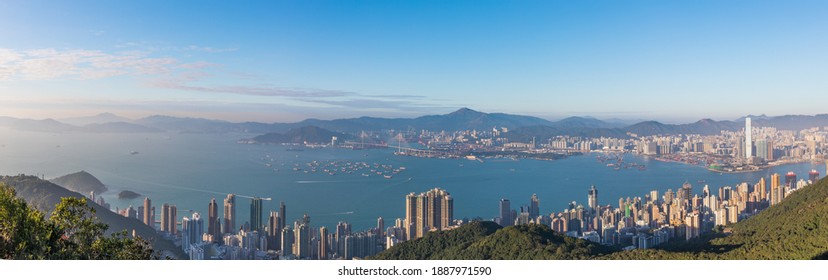 26 Dec 2020 - Hong Kong: Panorama Of Hong Kong Island From The Peak, Commercial Area Downtown Surrounded By Mountains, Epic Aerial View Of The Cityscape Of The Finance Center