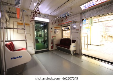 26 July 2013: Seats In A Korail Underground Carriage Line4. Korea Railroad Corporation (Korail), Is The National Railroad Operator In South Korea.