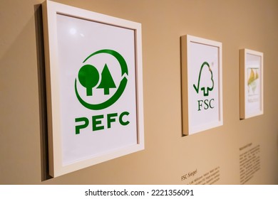 26 July 2022, Munster, Germany: Logos Of Non-profit Organizations PEFC And FSC Dealing With The Problems Of Deforestation And Sustainable Forest Management