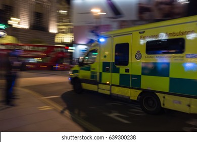 26 March Of 2017, London, UK - Motion Photography Of Emergency Ambulance Of UK In Action At Night.