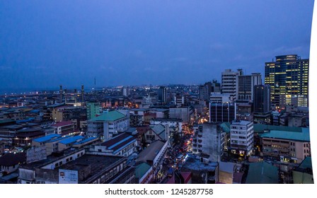 26 November 2018-Lagos Nigeria:  Night View Of Busy Lagos Streets In Marina, Lagos Nigeria