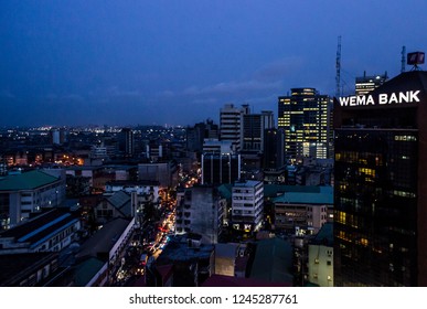 26 November 2018-Lagos Nigeria:  Night View Of Busy Lagos Streets In Marina, Lagos Nigeria