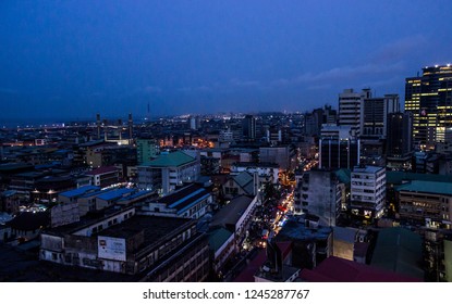 26 November 2018-Lagos Nigeria:  Night View Of Busy Lagos Streets In Marina, Lagos Nigeria