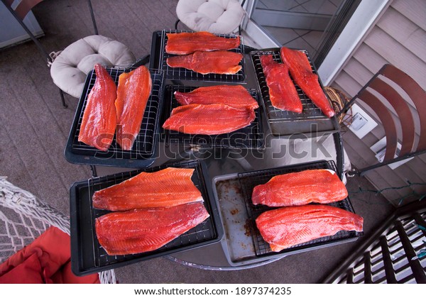 26-05-2013 – 09:22:23 fishes divided\
in filets placed on grills and kept on a table at IOWA.\
USA