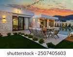 26.05.2024, Fethiye, Mugla, Turkey, The exterior of a luxurious villa with a cozy design, featuring warm lighting, elegant finishes, and inviting outdoor spaces that enhance the villa