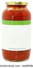 26oz Jar Of Marinara Spaghetti Sauce With Blank Label For Text Over White Background With Clipping Path.