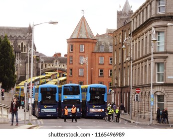 26th August 2018 Dublin. Dublin Buses Wait Along The Quays For The 300,000 Mass Goers At The Papal Mass In Phoenix Park To Ferry Them Home. 