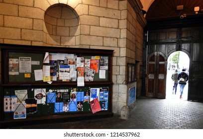 26th October 2018 Dublin. Exit And Entrance Door Into Trinity College With College Notice Board To The Side. 