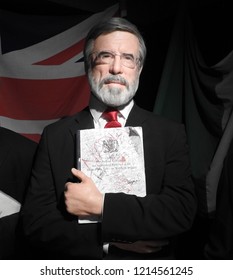 26th October 2018 Dublin. Waxwork Of Ex Sinn Fein President Gerry Adams,  One Of The Politicians And Architects Of The Good Friday Agreement Standing In Front Of The Union Jack And Irish Tricolor Flag