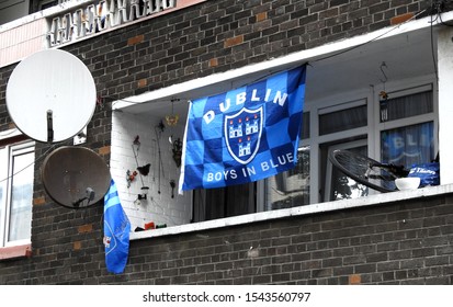 26th September 2019, Dublin, Ireland.  Apartment Balcony With Dublin GAA Flag And Satellite Dish In Dublin Inner City. 